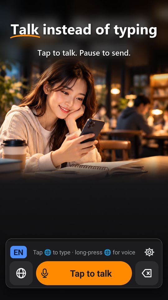 Talk instead of typing: tap to talk, pause to send
